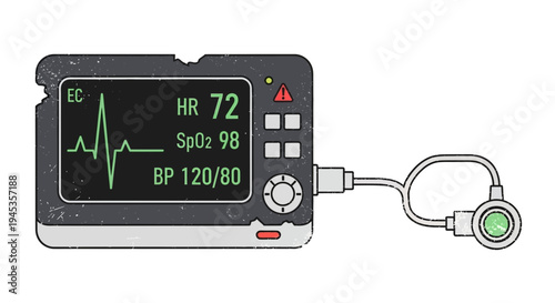 Medical monitor showing vital signs: heart rate, SpO2, and blood pressure.