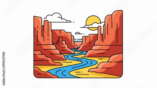 Stylized river carving through a sun-drenched canyon with layered rock formations