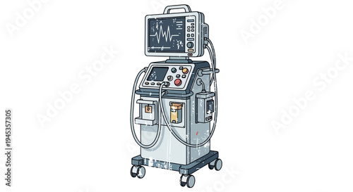 Medical ventilator machine with screen displaying heart rate