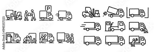 Delivery icons with truck and mover minimal