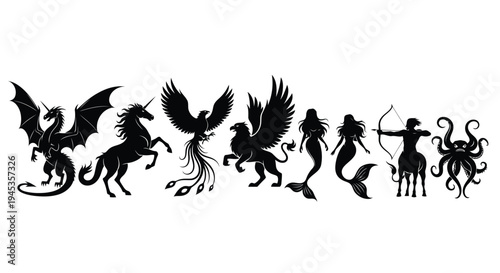 A black and white image of a fantasy scene with dragons and a castle vector silhouette