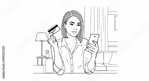 Woman holds credit card and phone, sitting near lamp and sofa