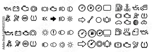 Automotive icons with engine and battery minimal