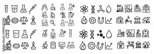 Science icons with test tube microscope flask outline