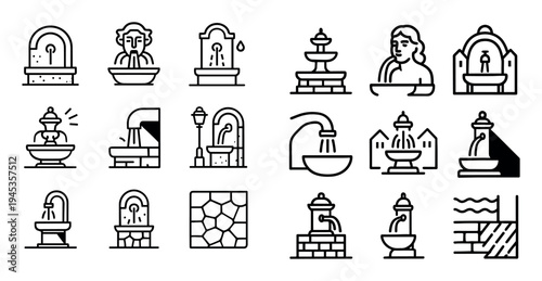 Fountain icons with basin statue and tile outline
