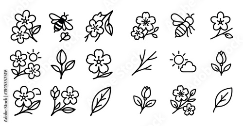 Nature icons with flowers bees leaves outline