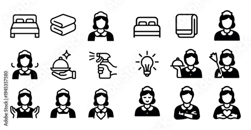 Housekeeping icons with maid and bed flat minimal