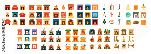 Home icons with fireplace mantel hearth ornate