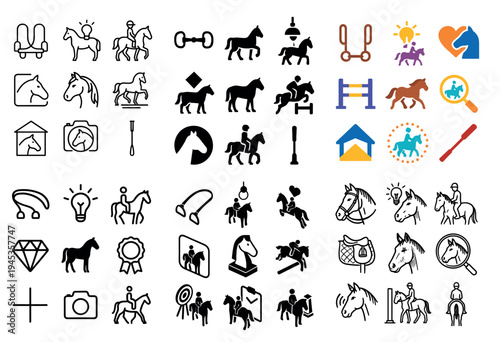 Equestrian icons with horse rider saddle outline