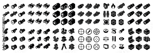 Camera icons with lens tripod and flash solid