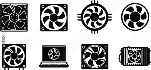 Computer cooling fan icon set with PC case fans, laptop cooling system, processor cooler, and ventilation technology symbols in solid silhouette style