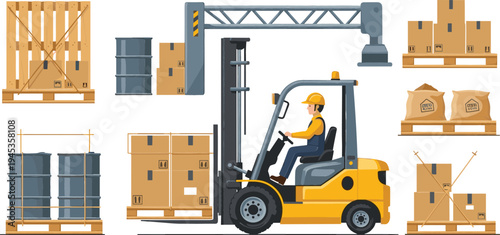 Warehouse logistics forklift vector illustration with cargo pallets, cardboard boxes, barrels, and industrial storage shipping elements for delivery and supply chain