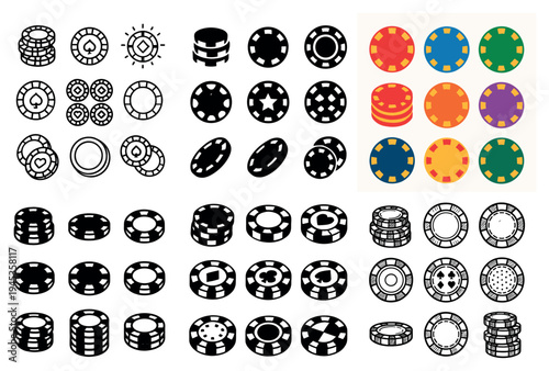 Casino icons with chip stack token colorful