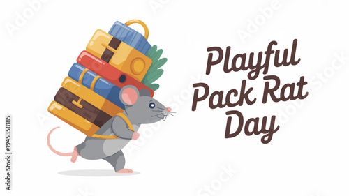Playful pack rat carrying colorful luggage symbolizing travel and adventure on a white background
