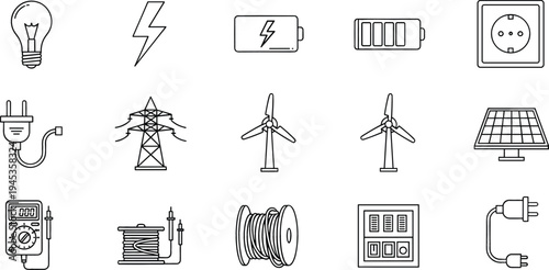 Electricity and renewable energy line icon set with light bulb, battery, plug, power station, wind turbine, solar panel, and electrical equipment