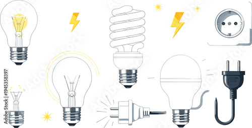 Light bulb and electrical plug vector set with incandescent lamp, energy saving spiral bulb, socket outlet, power cord, and electricity icons