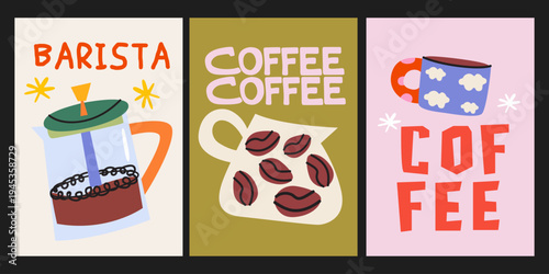 Coffee posters in modern cartoon style. Trendy coffee vector cards with barista tools, coffee beans, cups and typography for prints, wall decor, wallpaper, home decor