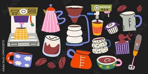 Large collection of coffee making equipment and accessories in cartoon groovy style. Hand drawn vector set of coffee machines, pots, kettles and cups for kitchen, cafe interior, stickers, labels