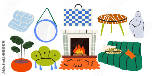 Collection of cozy home furniture and interior elements in cartoon groovy style. Living room stickers with modern sofas, armchairs, fireplace and indoor plants. Hygge style home decor vector set