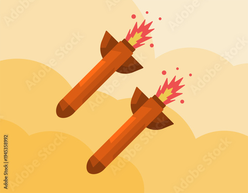 Illustration of two missiles hurtling down the sky. Missiles flying toward their targets. Rocket or nuclear missiles. War, attack, bomb. Flat style illustration. Orange background