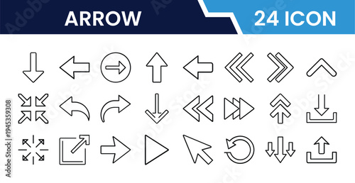 Outline Arrow Icon Set in Line Art Style for Navigation, Direction, Flow, Movement, Pointers, and Digital Interface Design