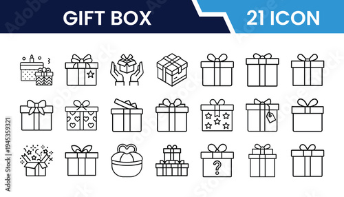 Outline Gift Box Icon Set in Line Art Style for Present, Package, Ribbon, Surprise, Celebration, and Digital Interface Design