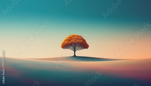 lonely tree in a middle of nowhere abstract surreal landscape concept nature and introspection idea copy space