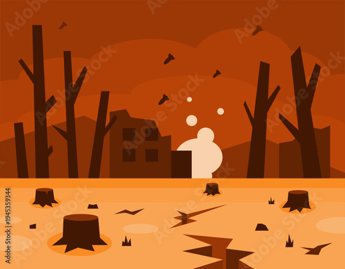Illustration of a forest and settlements destroyed and damaged by war. Conditions and impacts of war. Gloomy landscape, collapsed buildings, burned trees, dark sky, damaged environment. Flat style