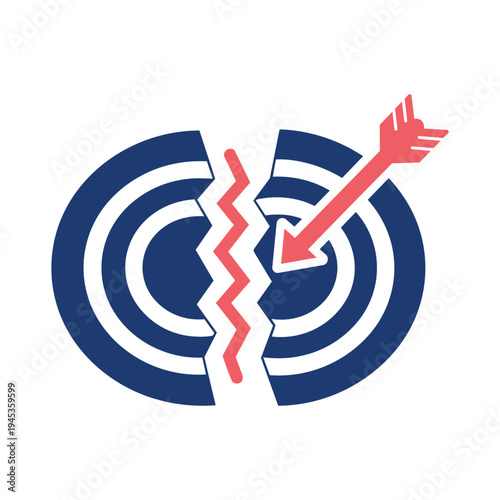 Dart hitting broken target vector flat icon. business failure, challenge problem symbol on transparent background