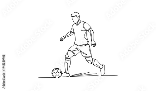 Continuous one line drawing football player dribbling ball minimalist black white sports vector illustration