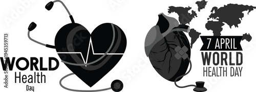 World Health Day icon set collection featuring heart, stethoscope, global health care symbols and medical awareness concepts for April 7 healthcare campaigns.