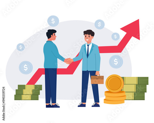 illustration of business handshake over financial charts and upward graphs symbolizing corporate partnership