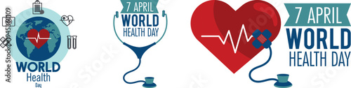 World Health Day icon set collection featuring heart, stethoscope, global health care symbols and medical awareness concepts for April 7 healthcare campaigns.