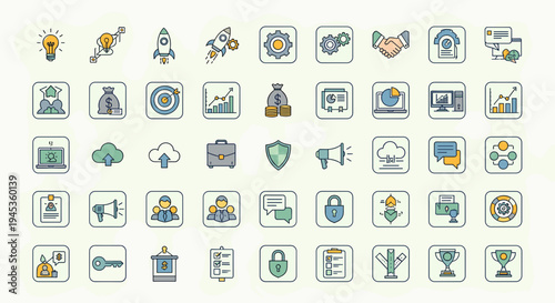 A comprehensive collection of business and technology icons, featuring concepts like startups, teamwork, security, and data analysis.