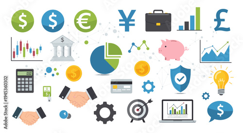 A comprehensive collection of financial and business icons, illustrating various aspects of economics, investment, and banking.