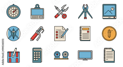 A collection of colorful flat design icons representing various tools, office supplies, and technology items for work and study.