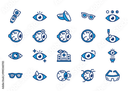 Ophthalmology  thin blue icon set. Containing ophthalmoscope, eye, contact lens, glasses	