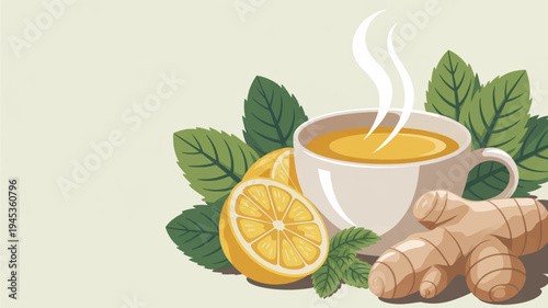 Steaming cup of ginger tea with lemon and herbs on a plain background evoking a sense of relaxation and wellness