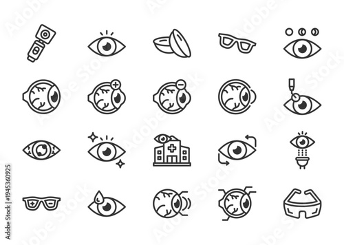 Ophthalmology  thin line icon set. Containing ophthalmoscope, eye, contact lens, glasses	