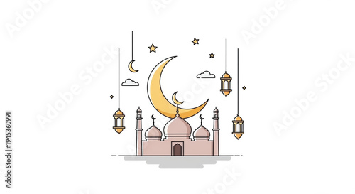 Serene Eid Celebration Vector with Mosque, Crescent Moon, Lanterns, and Stars