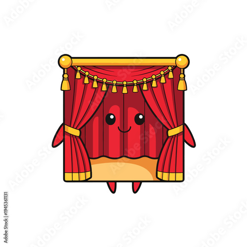 Cheerful Stage Curtain Character Welcomes Audience - Cute Theater Performance Vector Illustration