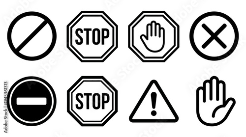 Prohibition and warning icons set, stop signs, caution triangle, hand symbols, no entry, safety signage, universal restriction, hazard alerts.