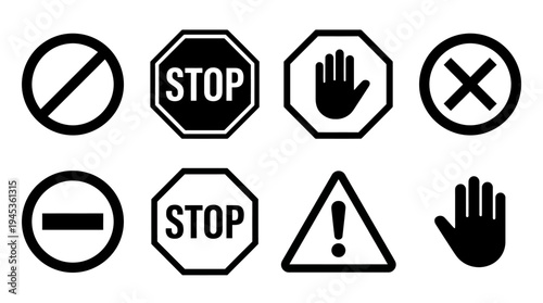 Prohibition and warning icons set, stop signs, caution triangle, hand symbols, no entry, safety signage, universal restriction, hazard alerts.