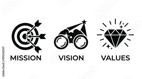 Business icons set, mission target, vision binoculars, values diamond, organizational strategy, goals, foresight, principles, corporate identity, branding.