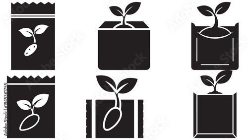 Seed Packet with Emerging Sprout Icon — Minimal Black-and-White Solid Silhouette, Flat Vector, Isolated on White