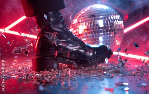 Dramatic Footwear in Nightclub with Shattered Glass and Disco Ball