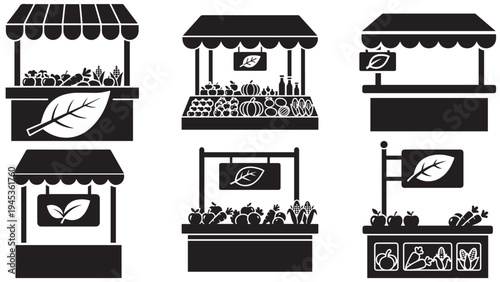 Farmer’s Market Stall Icon with Leaf Sign — Minimal Black-and-White Solid Silhouette, Flat Vector, Isolated on White