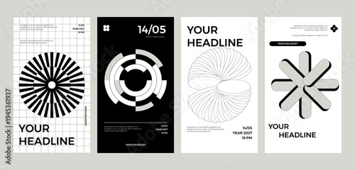 Collection of minimalist posters with geometric backgrounds and clean typography. Versatile vector patterns ideal for posters, labels, and backgrounds, ensuring excellent text readability.