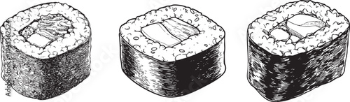 simple black and white outline drawing of a fresh sushi maki roll, ideal for asian cuisine and restaurant concepts