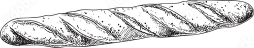 detailed black and white outline drawing of a crusty french baguette, ideal for bakery and bread shop themes
